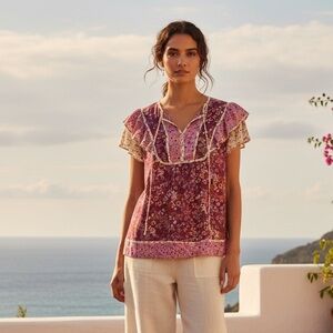 DR2 by Daniel Rainn Boho Floral Print Flutter Ruffle Sleeve Peasant Blouse Small